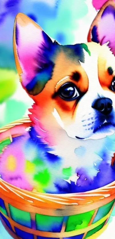 Watercolor puppy in basket with colorful background