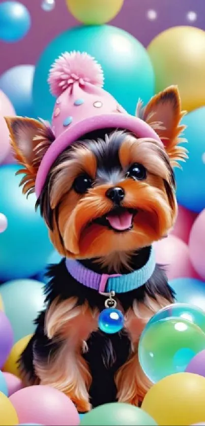 Adorable puppy with hat among colorful bubbles.