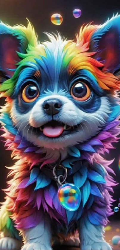 A colorful and cute puppy with rainbow fur surrounded by bubbles.