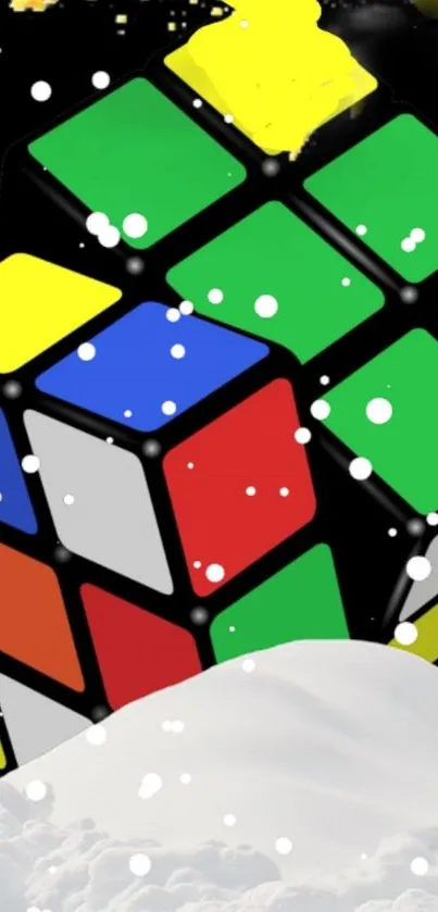 Colorful puzzle cube with abstract snow on black background.