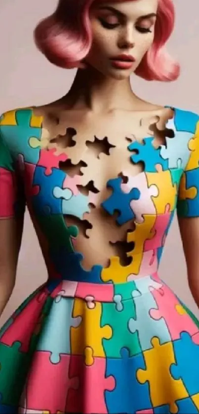 Stylish dress made from colorful puzzle pieces on a mobile wallpaper.