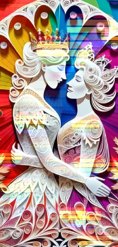 Two figures in colorful quilling art with rainbow backdrop.