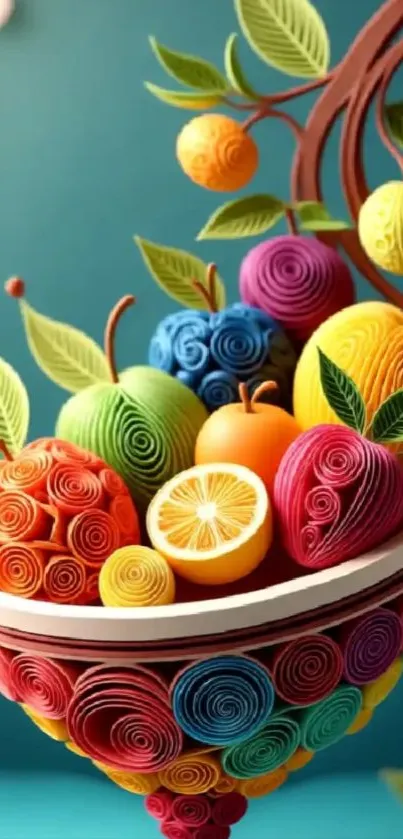 Colorful quilling fruit art with vibrant designs.