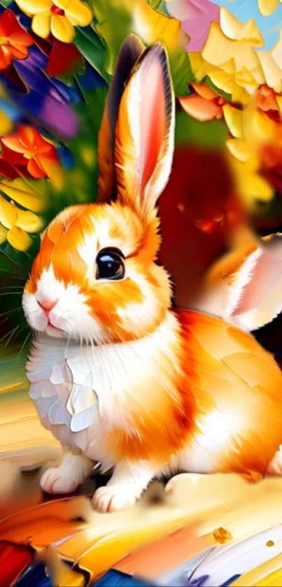 Cute rabbit surrounded by colorful flowers in an artistic style.