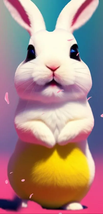 Cute white rabbit on rainbow background wallpaper.