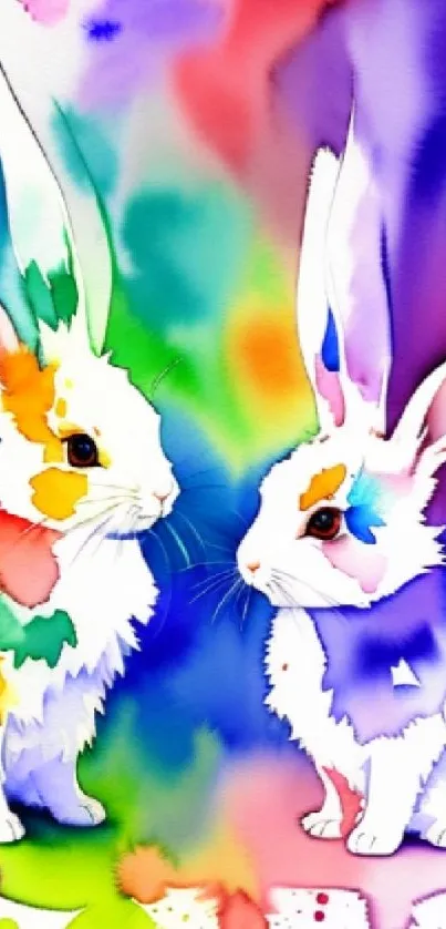 Abstract colorful rabbits in vibrant watercolor style.