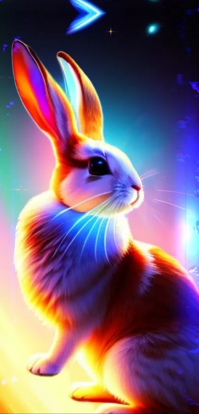 Neon-colored digital art of a rabbit in vibrant hues.