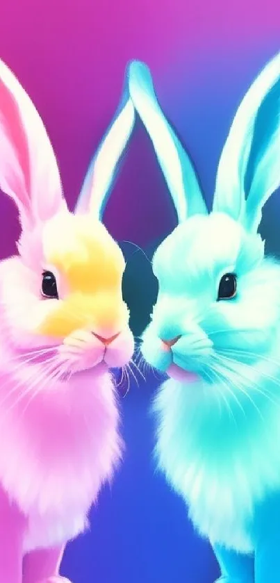 Colorful pink and blue rabbits on vibrant wallpaper.