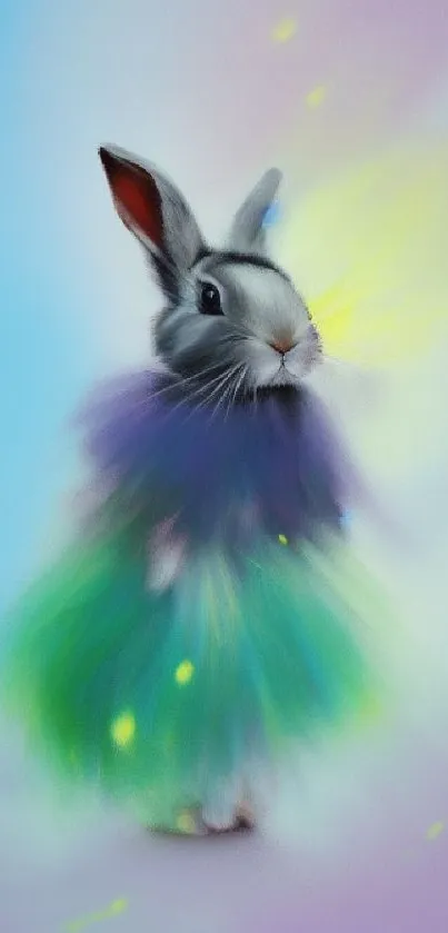 Fantasy rabbit with colorful fur in a light blue and pastel background.