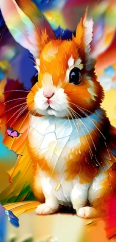 Vibrant fantasy art of a rabbit with colorful butterflies and flowers.