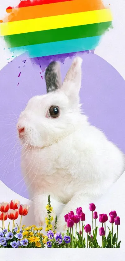 White rabbit with flowers and rainbow in purple background wallpaper.