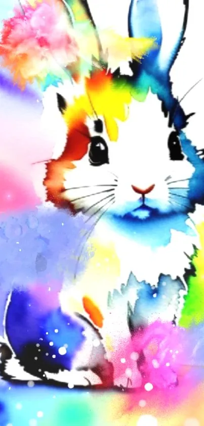 Vibrant watercolor rabbit with colorful background.