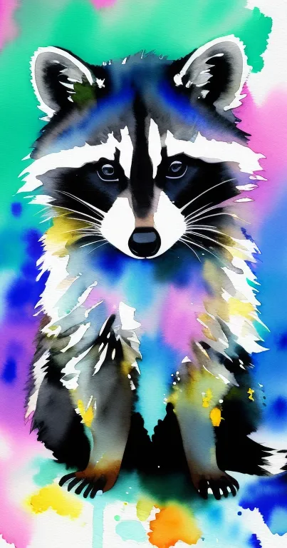 Vibrant watercolor raccoon with colorful background.