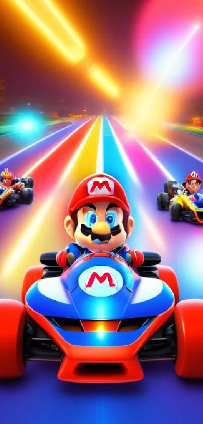 Vibrant racing game character on a colorful, high-speed track for mobile wallpaper.