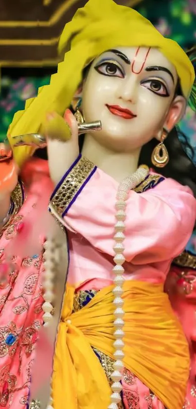 Radha Krishna statue with colorful attire, vibrant mobile wallpaper.