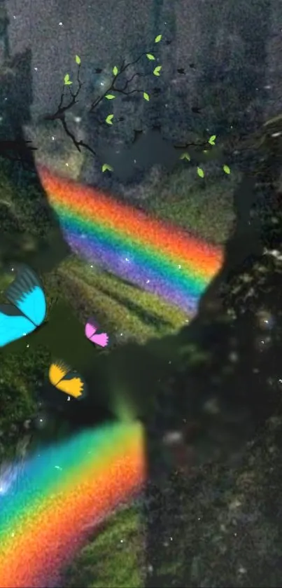 Vibrant rainbow flowing through a lush canyon with colorful butterflies.