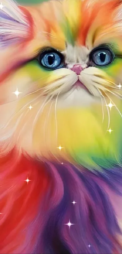 Colorful rainbow cat with fluffy fur as phone wallpaper.