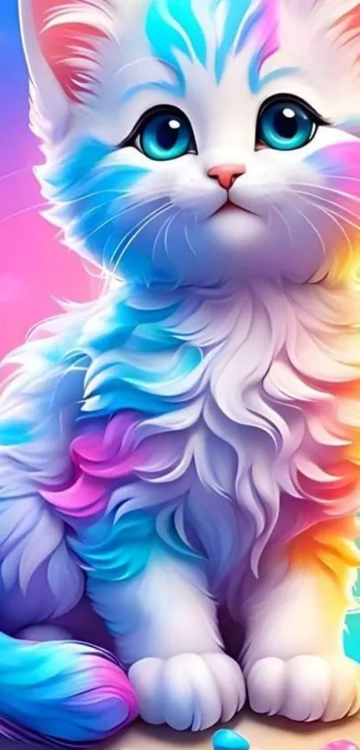 Colorful rainbow cat with vibrant fur on a mobile wallpaper.