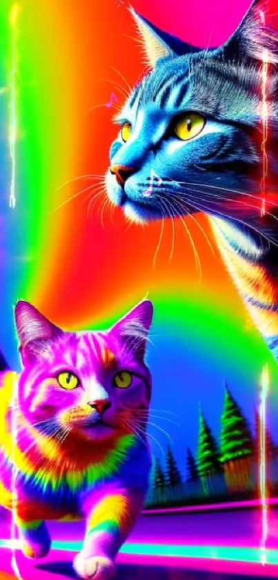 Vivid mobile wallpaper with colorful rainbow cats.