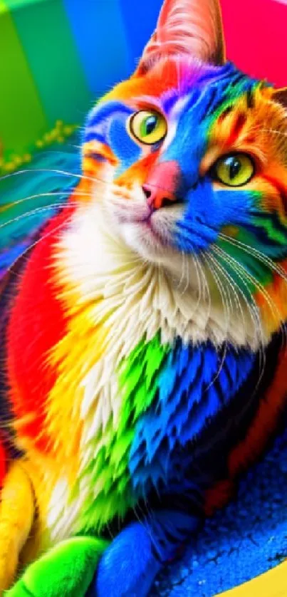 A vibrant rainbow colored cat with a playful expression.