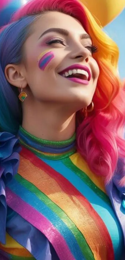 A vibrant, colorful woman smiling joyfully with rainbow-hued hair and balloons.