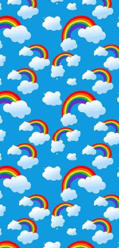 Vibrant mobile wallpaper with rainbows and clouds on a blue sky background.