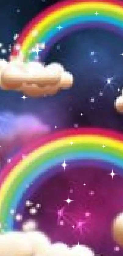 Mobile wallpaper with rainbows and fluffy clouds in a cosmic sky.