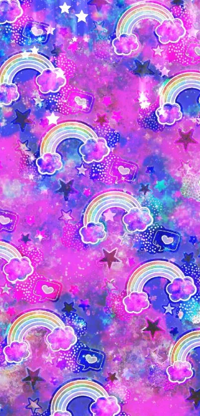 Bright wallpaper with rainbows, clouds, and stars on a purple background.