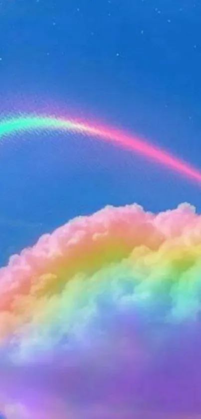 Vibrant rainbow cloud with blue sky background.