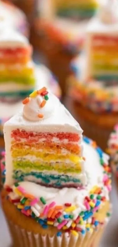 Vibrant rainbow cupcakes with colorful sprinkles, perfect for a cheerful phone wallpaper.