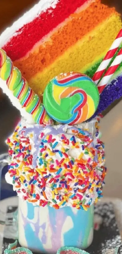 Vibrant rainbow dessert with candy and sprinkles, perfect for wallpaper.