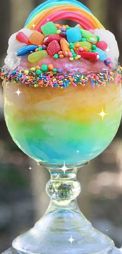 Colorful dessert in glass with rainbow and sprinkles.