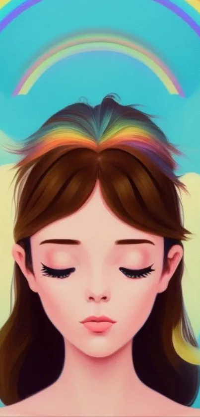 A colorful artwork depicting a serene girl with rainbow hair under a blue sky.