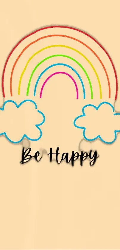 Mobile wallpaper with rainbow, clouds, and 'Be Happy' text on a peach background.