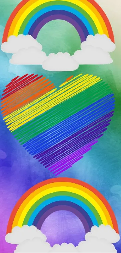 Vibrant rainbow heart with dual rainbows on a colorful background.