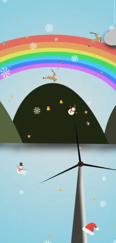Rainbow and festive elements on light blue wallpaper.