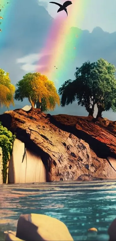 Island landscape with rainbows and birds under a blue sky.