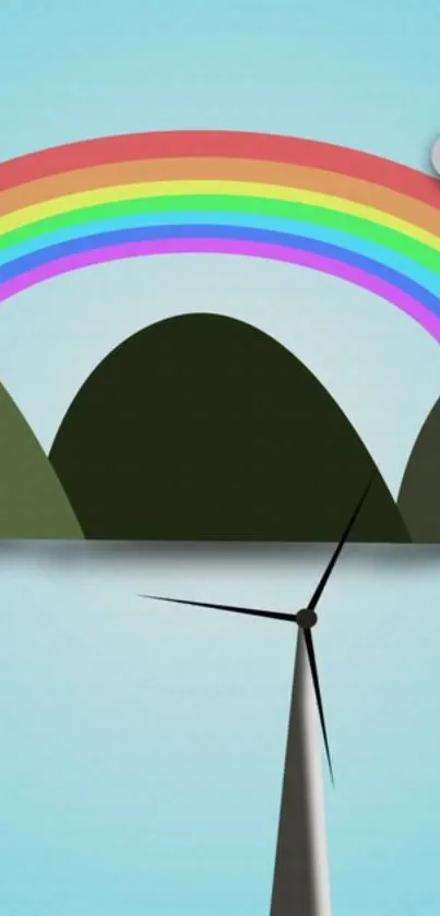 Mobile wallpaper of a rainbow over mountains with a wind turbine.