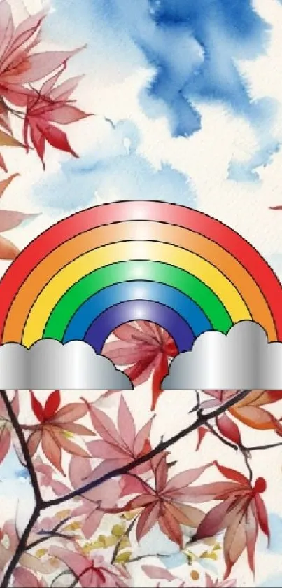 Colorful rainbow and leaves on a serene sky wallpaper.