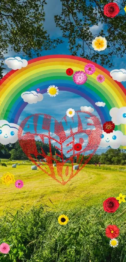 Colorful wallpaper with a rainbow and heart spreading love in a scenic meadow.