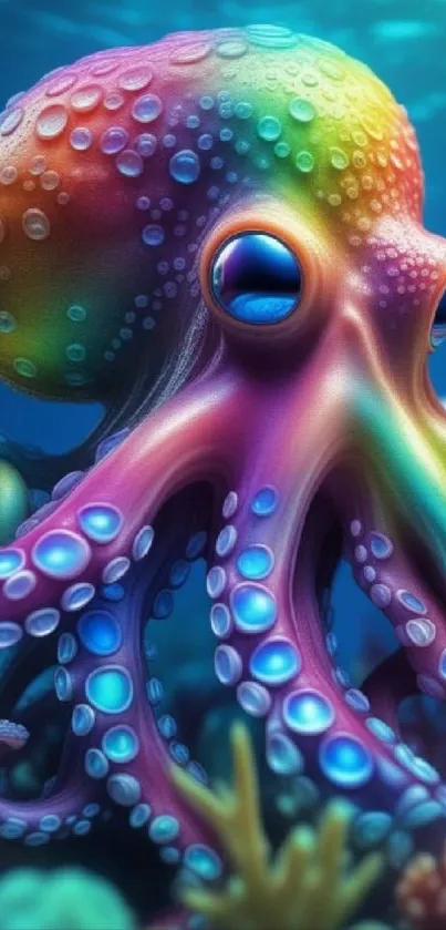 Colorful rainbow octopus in an oceanic scene.