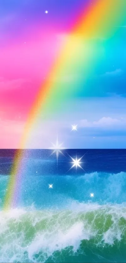 Vibrant rainbow over ocean waves with a colorful sky.
