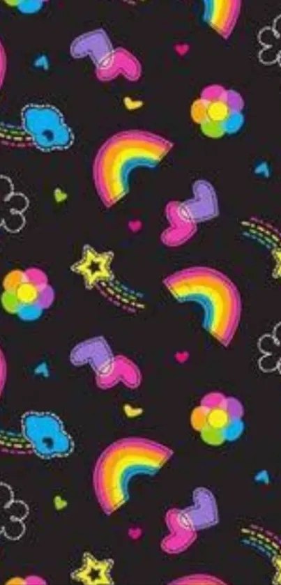 Colorful rainbow and stars pattern on a dark background mobile wallpaper.