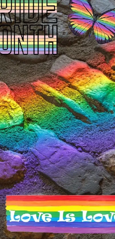 Colorful Pride Month wallpaper with rainbow stones and inspiring messages.