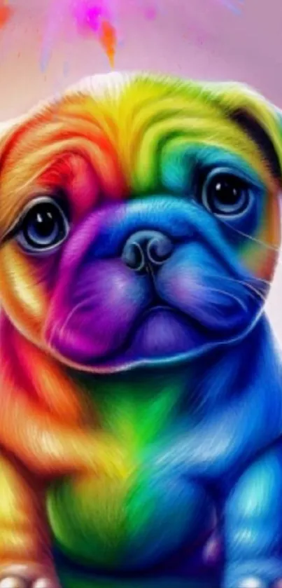 A bright and colorful rainbow puppy illustration for mobile wallpaper.