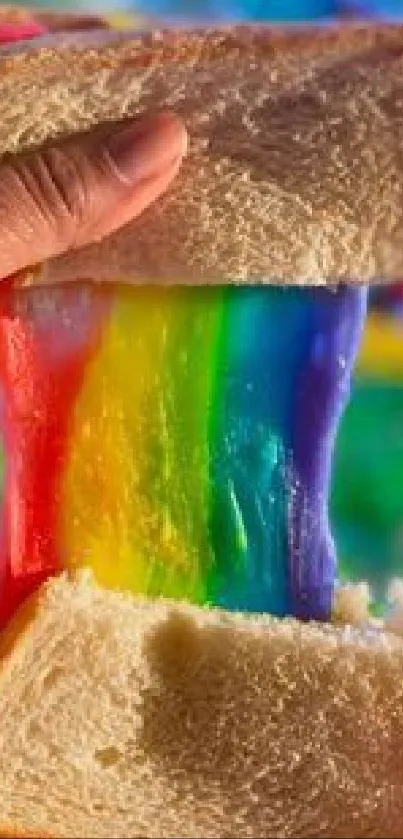 Hand holding rainbow cheese sandwich with vibrant colors.