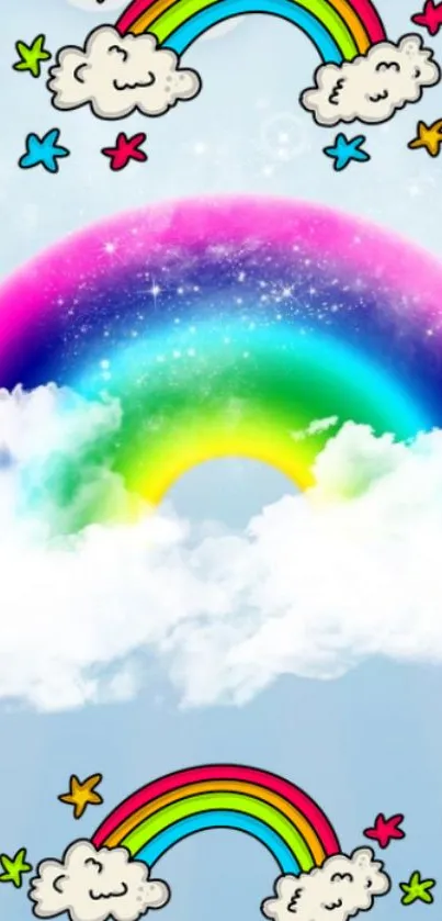 Colorful rainbow with stars and clouds on a light blue sky backdrop.