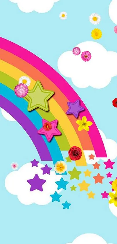 Colorful rainbow with stars and clouds wallpaper.