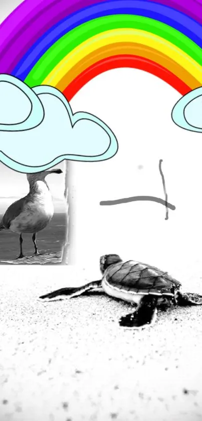 Colorful rainbow and clouds with a black and white turtle on a sandy beach.