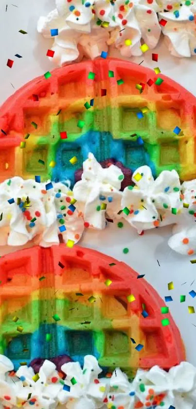 A vibrant rainbow waffle with whipped cream and sprinkles on a white plate.